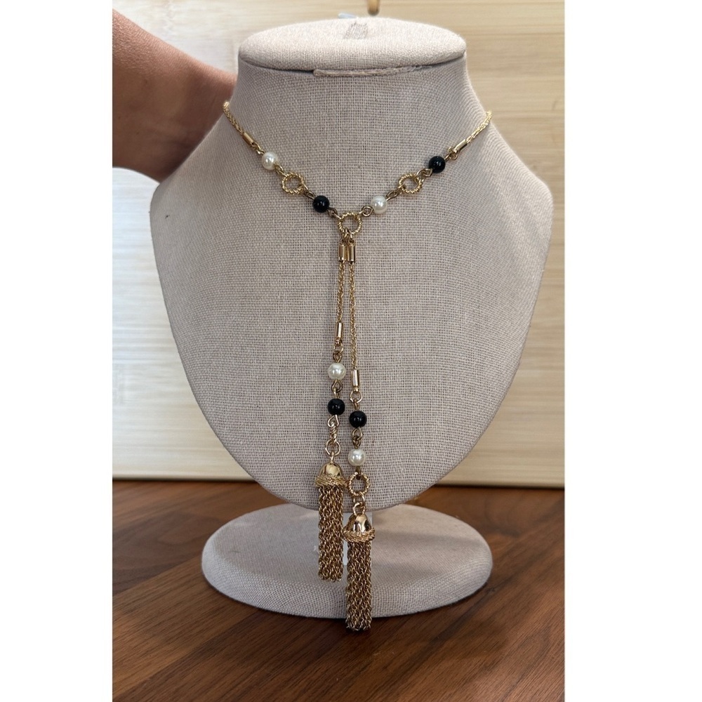 Talbots Gold Tone Black Faux Onyx Pearl Tassel Y Long Statement Necklace Minimal